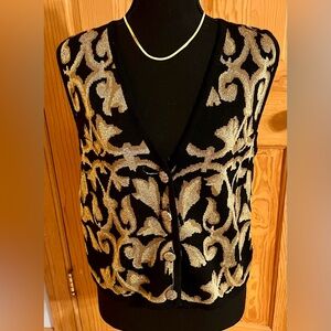 Peter Nygard Sweater Vest S 4-6 Black Gold Metallic Damask Wool Blend Glam VTG